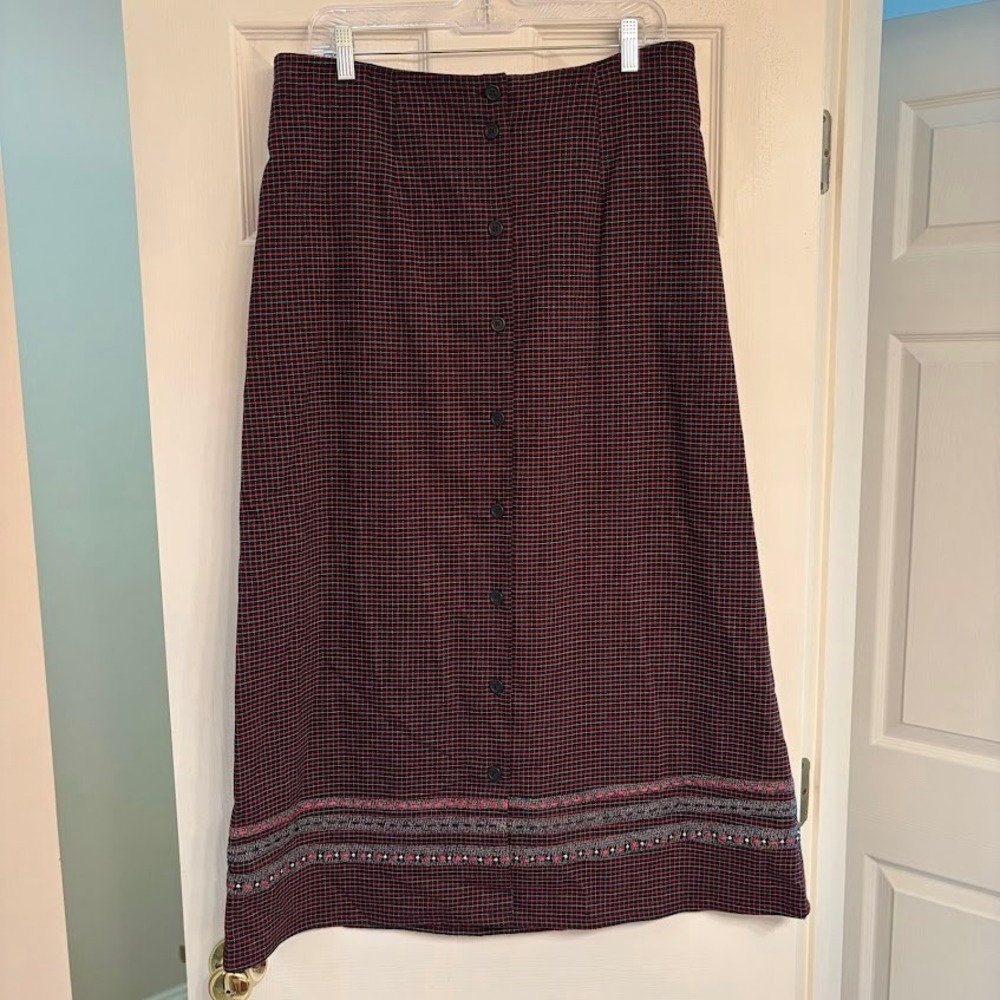 Napa Valley Maxi Skirt Womens 16 Red Black Grid Rayon Blend Button Front Vintage